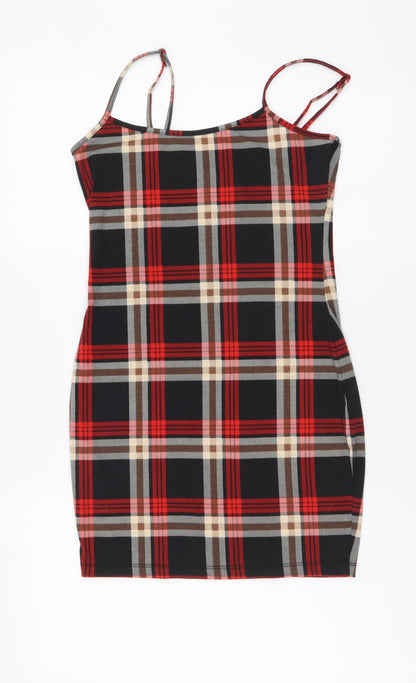 SheIn Womens Red Plaid Polyester Mini Size XS Round Neck Pullover