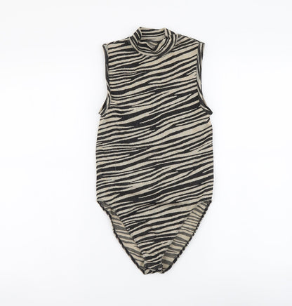Primark Womens Beige Animal Print Polyester Bodysuit One-Piece Size XS Snap - Zebra skin pattern