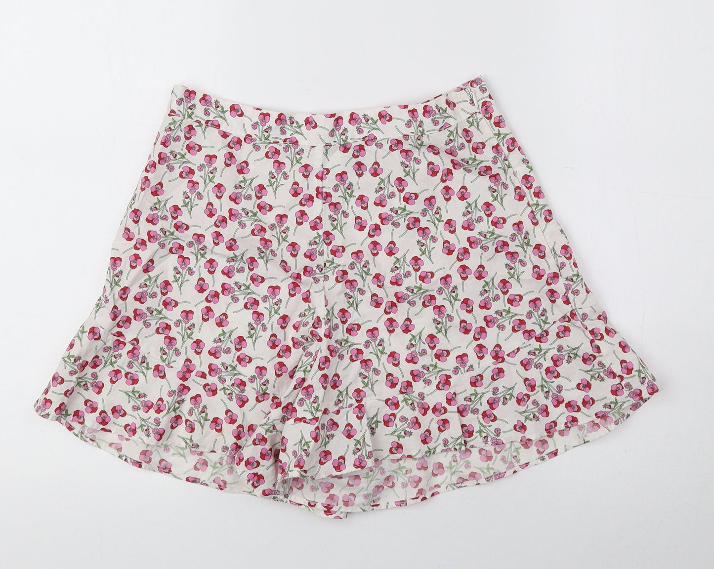 Topshop Womens White Floral 100% Cotton Hot Pants Shorts Size 6 Regular Zip