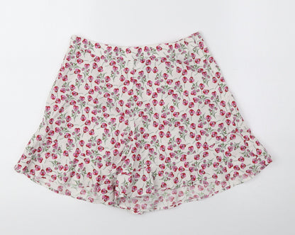 Topshop Womens White Floral 100% Cotton Hot Pants Shorts Size 6 Regular Zip