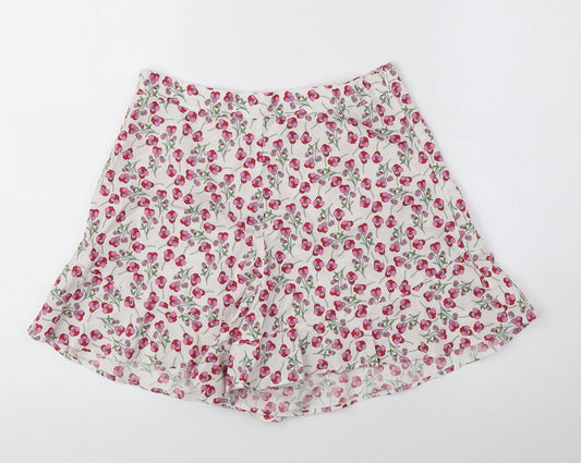 Topshop Womens White Floral 100% Cotton Hot Pants Shorts Size 6 Regular Zip