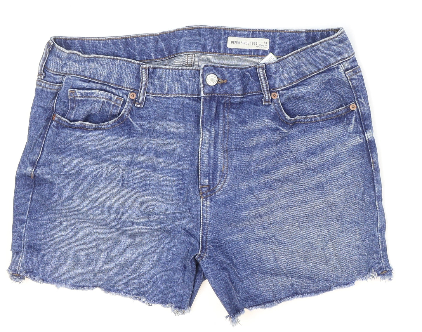 Marks and Spencer Womens Blue Cotton Hot Pants Shorts Size 4 L3 in Regular Zip - Distressed Hem