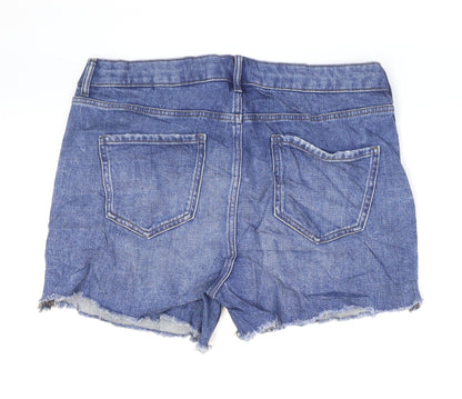Marks and Spencer Womens Blue Cotton Hot Pants Shorts Size 4 L3 in Regular Zip - Distressed Hem