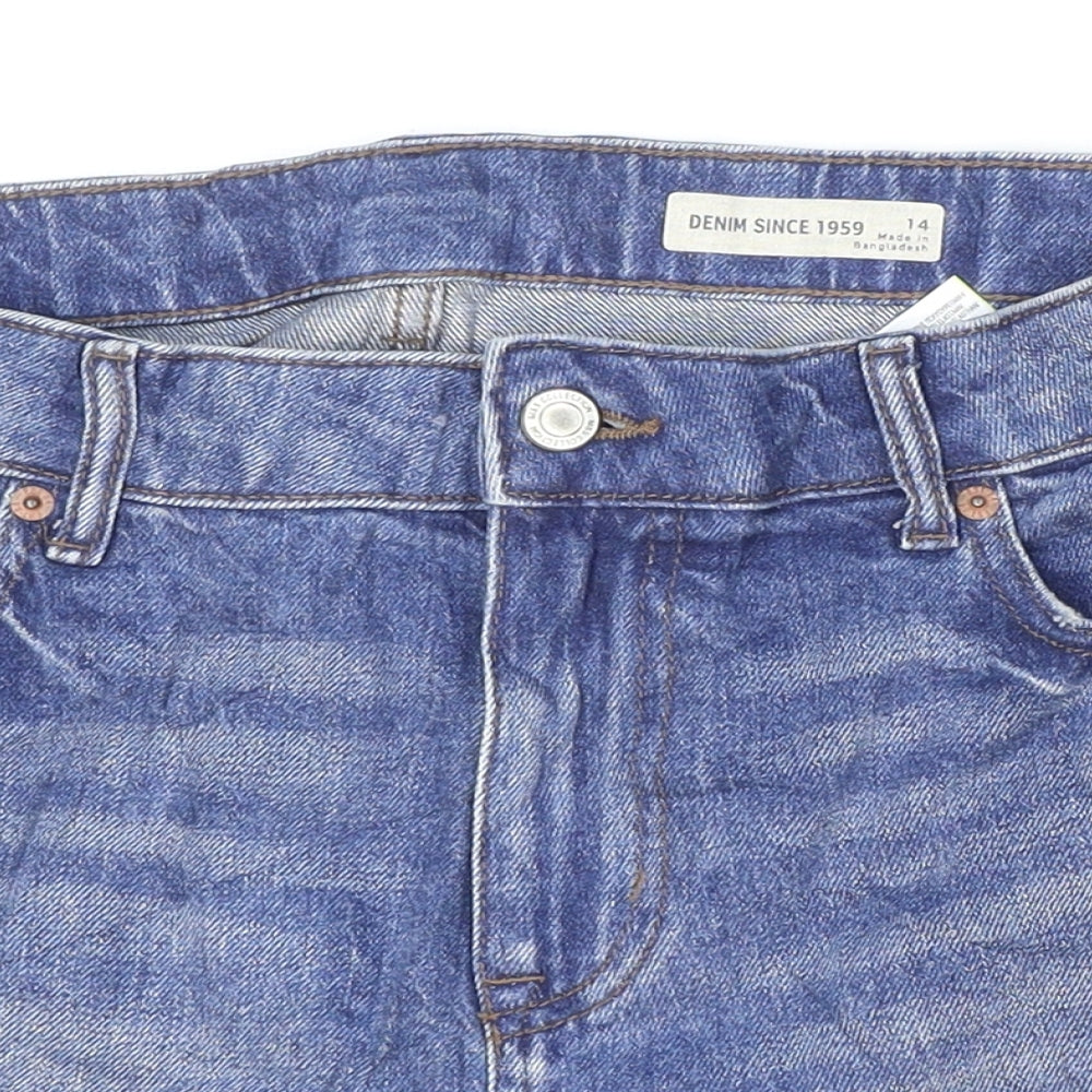 Marks and Spencer Womens Blue Cotton Hot Pants Shorts Size 4 L3 in Regular Zip - Distressed Hem