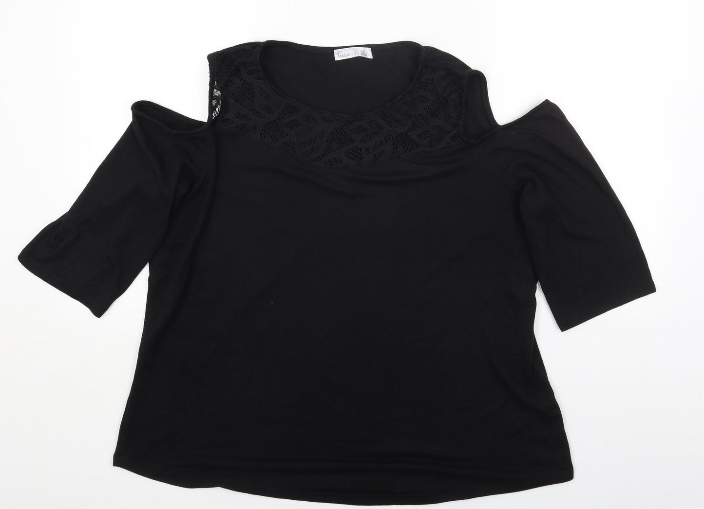 89th & Madison Womens Black Polyester Basic T-Shirt Size XL Round Neck - Cold Shoulder Lace detail