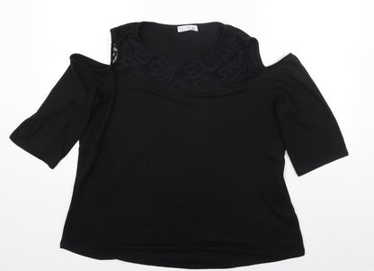 89th & Madison Womens Black Polyester Basic T-Shirt Size XL Round Neck - Cold Shoulder Lace detail
