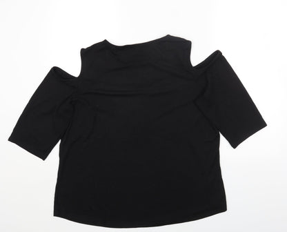 89th & Madison Womens Black Polyester Basic T-Shirt Size XL Round Neck - Cold Shoulder Lace detail