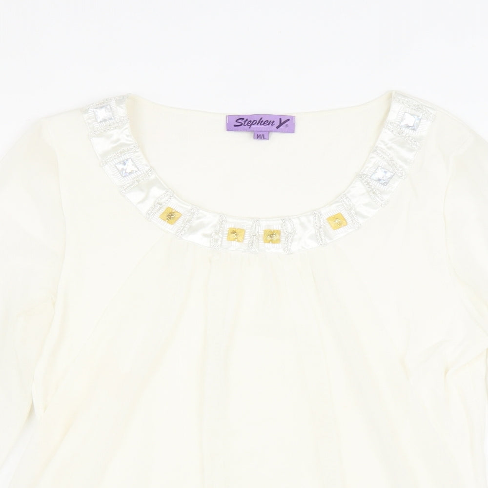 Stephen Y Womens White Nylon Basic Blouse Size M Round Neck