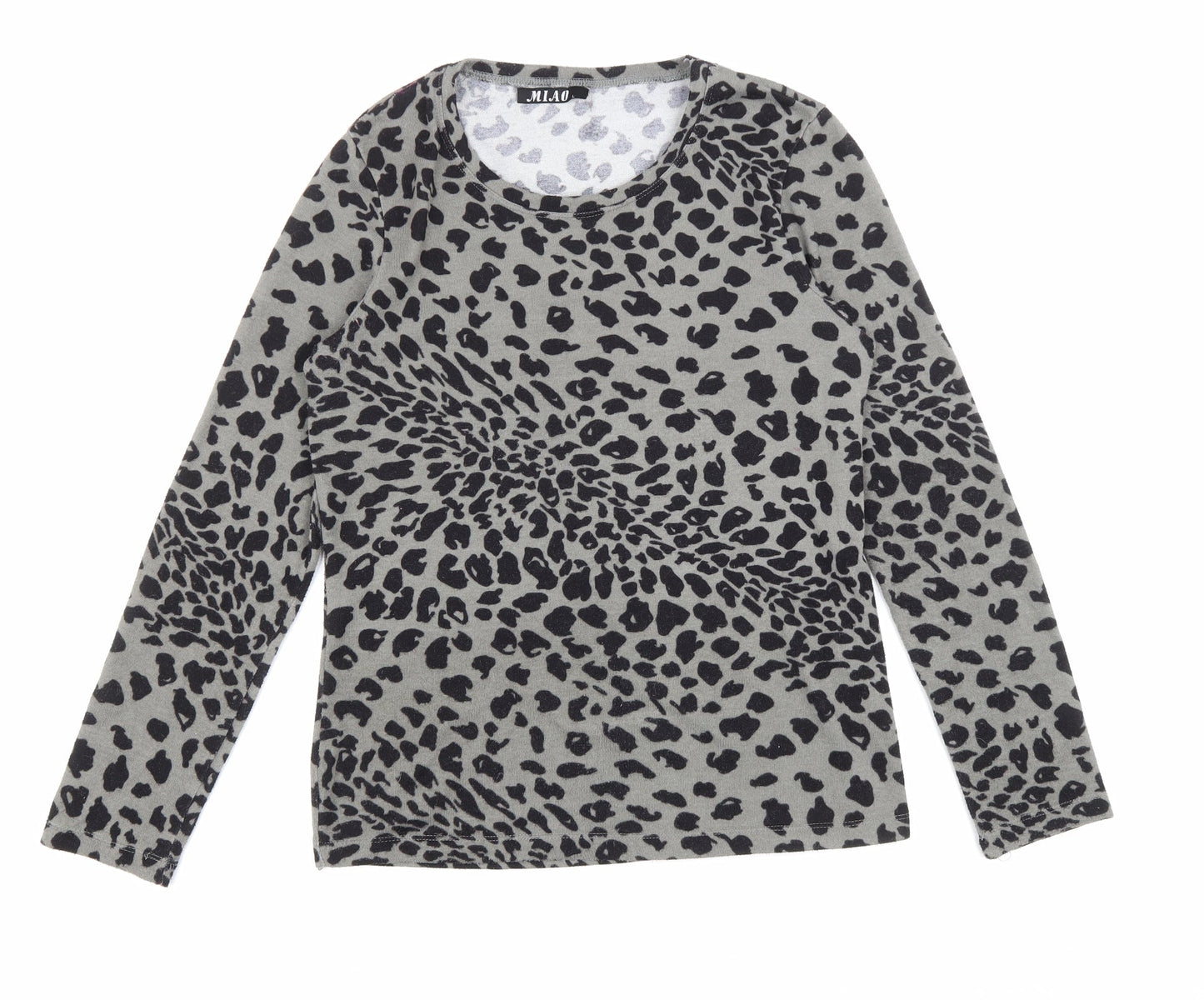 Miao Womens Grey Animal Print Cotton Basic T-Shirt Size L Round Neck - Leopard print