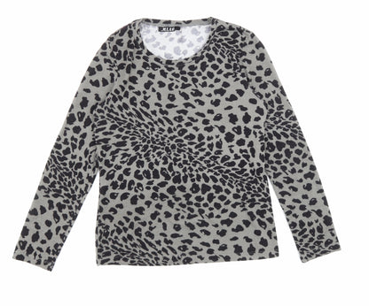 Miao Womens Grey Animal Print Cotton Basic T-Shirt Size L Round Neck - Leopard print