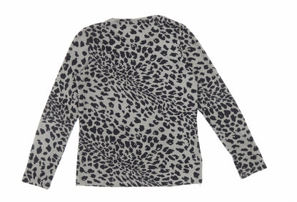 Miao Womens Grey Animal Print Cotton Basic T-Shirt Size L Round Neck - Leopard print