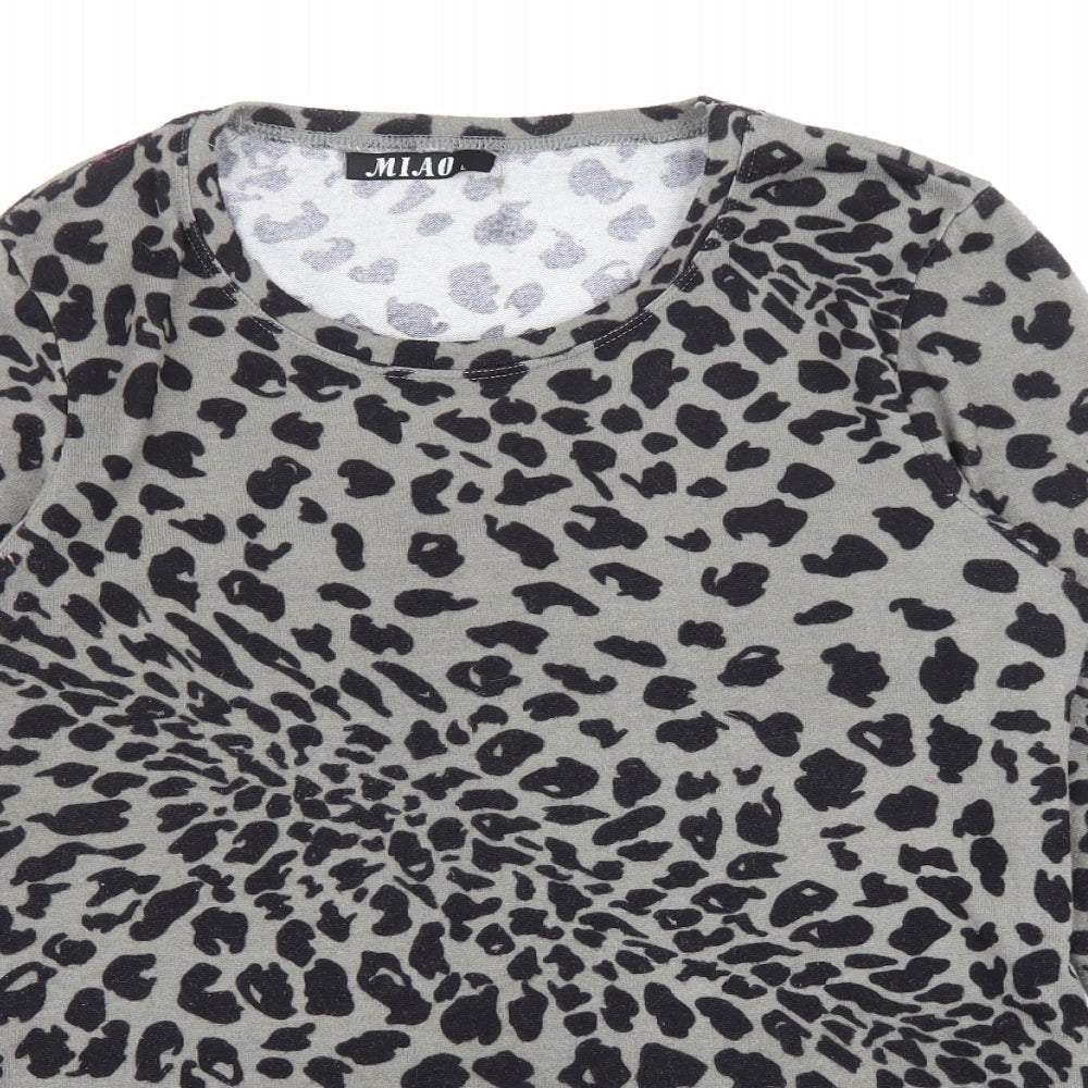 Miao Womens Grey Animal Print Cotton Basic T-Shirt Size L Round Neck - Leopard print