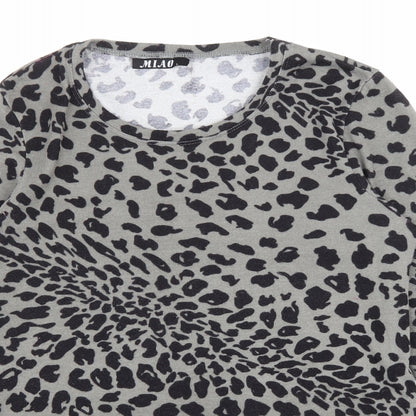 Miao Womens Grey Animal Print Cotton Basic T-Shirt Size L Round Neck - Leopard print
