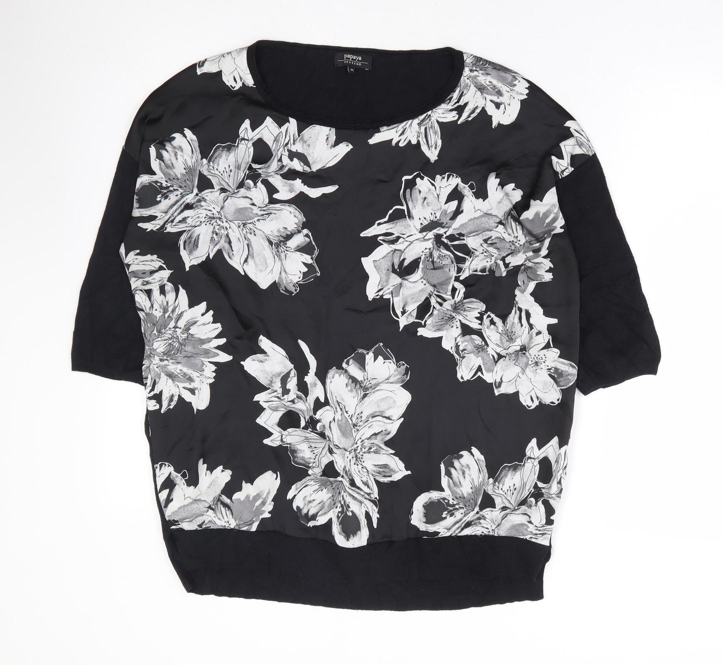 Papaya Womens Black Floral Viscose Basic Blouse Size M Round Neck
