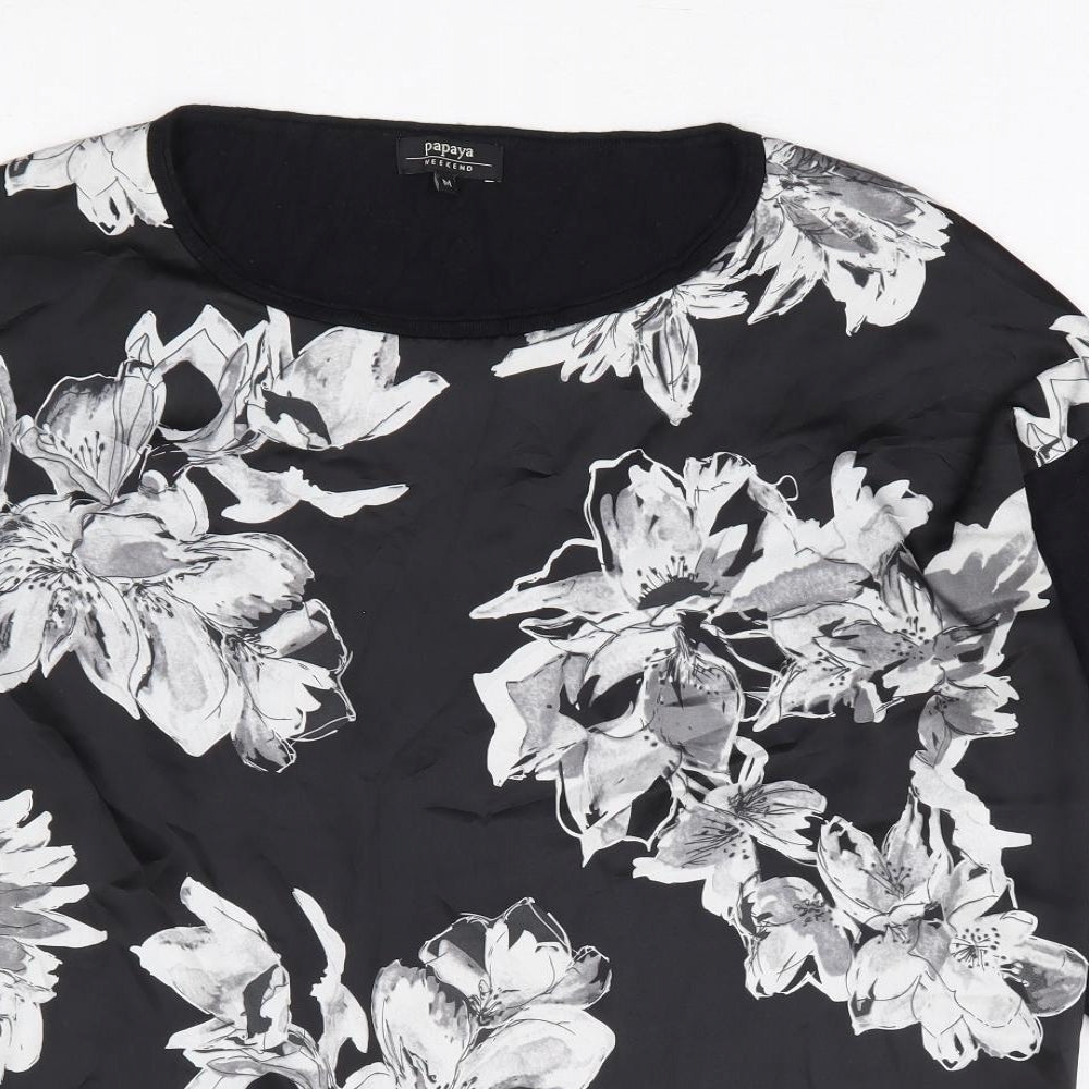 Papaya Womens Black Floral Viscose Basic Blouse Size M Round Neck