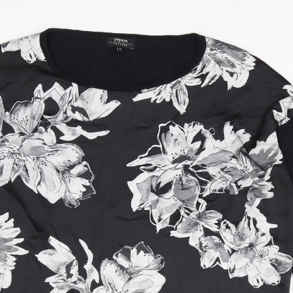 Papaya Womens Black Floral Viscose Basic Blouse Size M Round Neck
