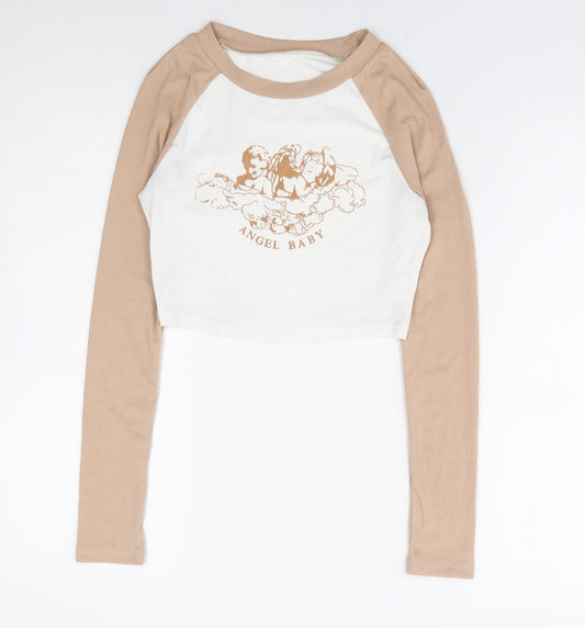 SheIn Womens Beige Polyester Cropped Blouse Size XS Round Neck - Ribbed Angel Baby