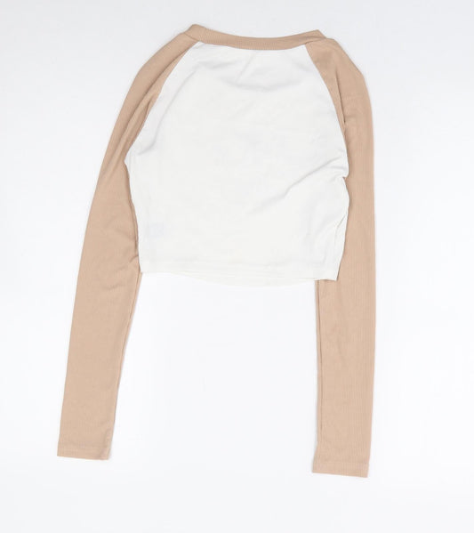 SheIn Womens Beige Polyester Cropped Blouse Size XS Round Neck - Ribbed Angel Baby