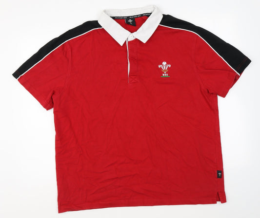 WRU Mens Red Cotton Polo Size 2XL Collared Button - Wales Rugby