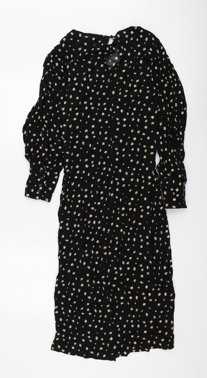 Marks and Spencer Womens Black Geometric Viscose A-Line Size 6 Round Neck Button