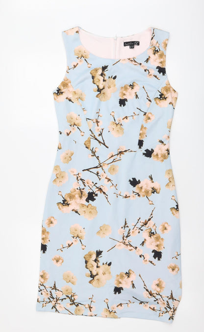 Smashed Lemon Womens Blue Floral Polyester A-Line Size S Round Neck Zip