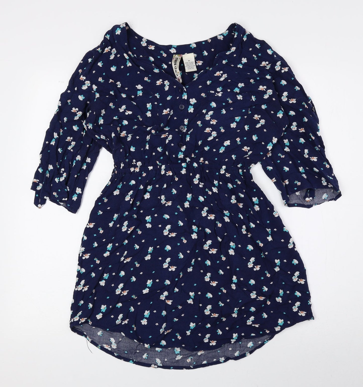 Mimi Chica Womens Blue Floral Polyester Basic Blouse Size M V-Neck