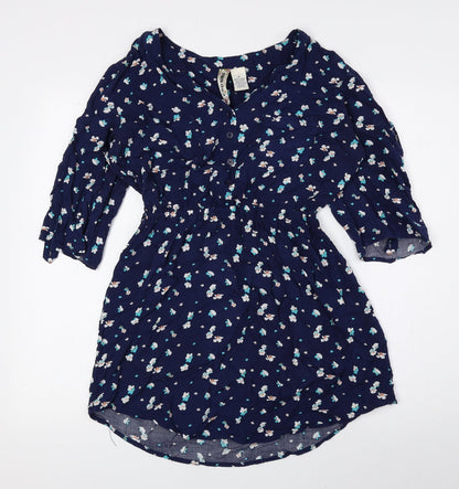 Mimi Chica Womens Blue Floral Polyester Basic Blouse Size M V-Neck