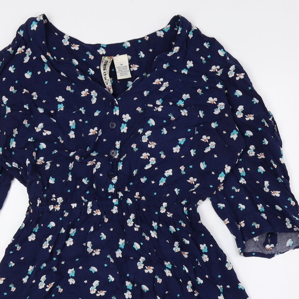 Mimi Chica Womens Blue Floral Polyester Basic Blouse Size M V-Neck