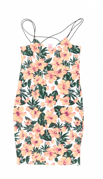 Blue Ink Womens Orange Floral Polyester Tank Dress Size 8 V-Neck Pullover