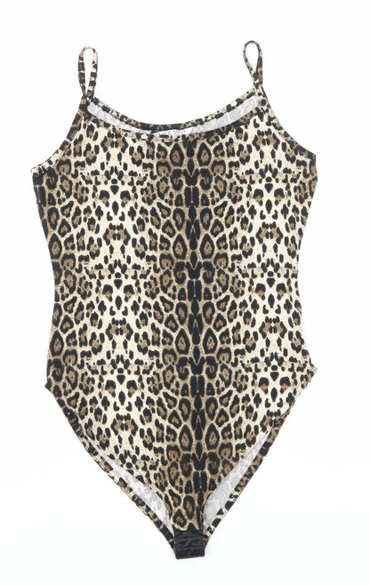 Brave Soul Womens Brown Animal Print Polyester Bodysuit One-Piece Size 8 Hook & Eye - Leopard Print