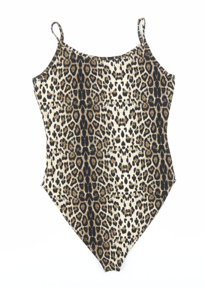Brave Soul Womens Brown Animal Print Polyester Bodysuit One-Piece Size 8 Hook & Eye - Leopard Print