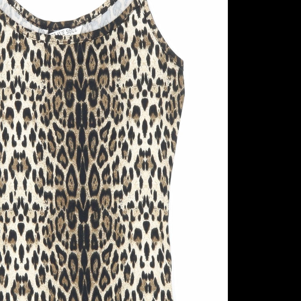 Brave Soul Womens Brown Animal Print Polyester Bodysuit One-Piece Size 8 Hook & Eye - Leopard Print