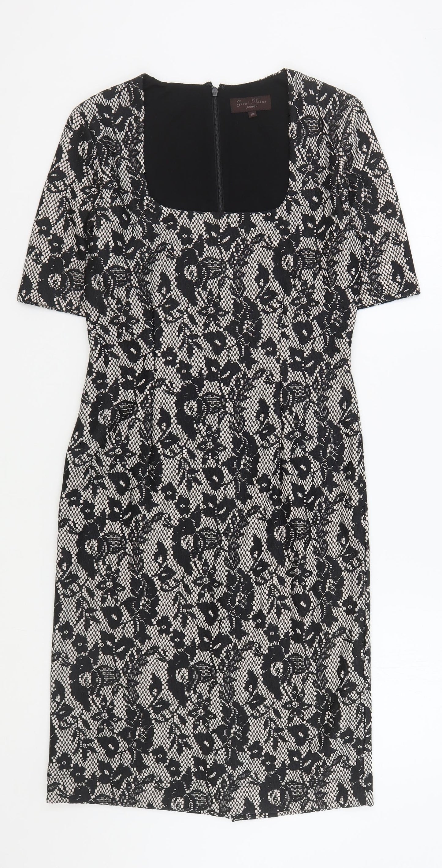 Great Plains Womens Black Floral Polyester Bodycon Size XS Scoop Neck Zip