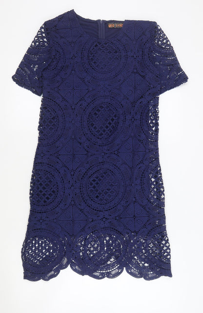 QED London Womens Blue Polyester Fit & Flare Size 8 Round Neck Zip