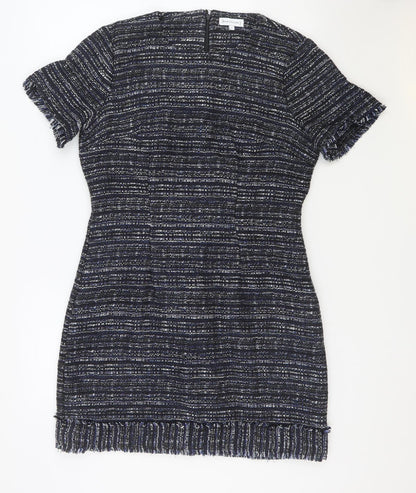 Warehouse Womens Blue Geometric Acrylic Bodycon Size 12 Round Neck Zip