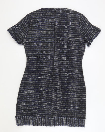 Warehouse Womens Blue Geometric Acrylic Bodycon Size 12 Round Neck Zip