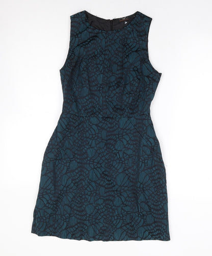 New Look Womens Green Geometric Polyester A-Line Size 8 Round Neck Zip