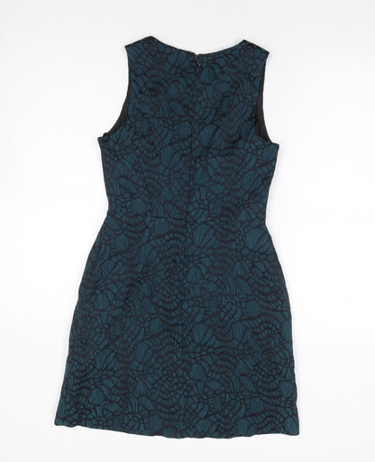 New Look Womens Green Geometric Polyester A-Line Size 8 Round Neck Zip