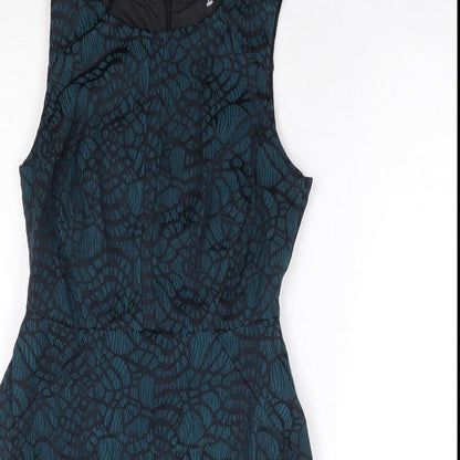 New Look Womens Green Geometric Polyester A-Line Size 8 Round Neck Zip