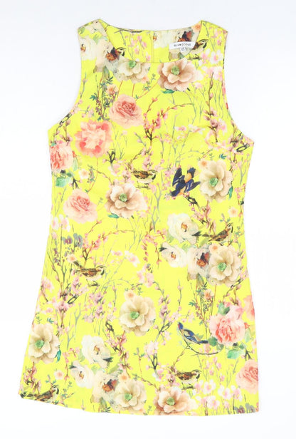 Glamorous Womens Yellow Floral Polyester Shift Size XS Round Neck Zip