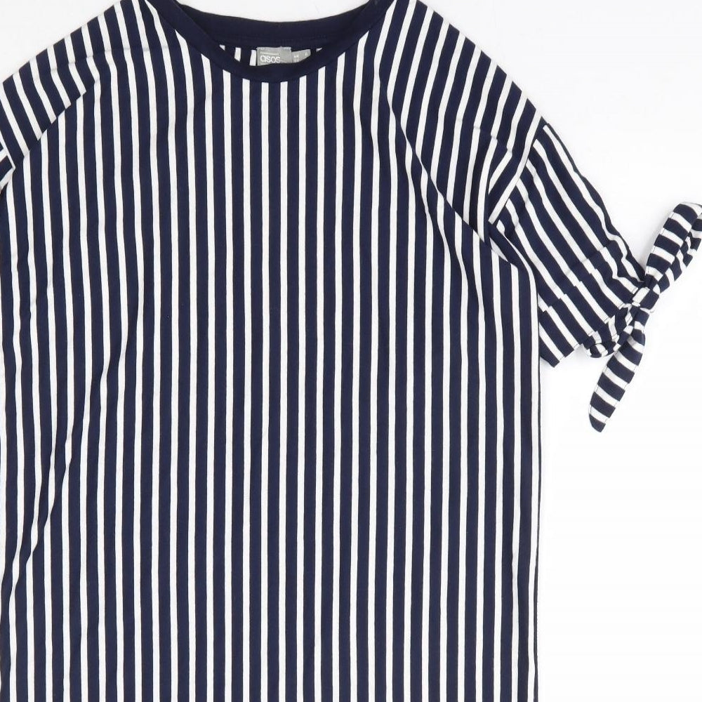 ASOS Womens Blue Striped Polyester T-Shirt Dress Size 6 Round Neck Pullover - Tie Sleeve Detail