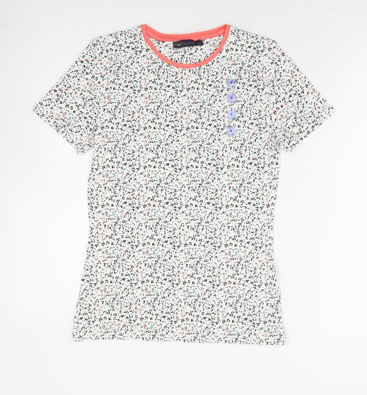 Marks and Spencer Womens White Animal Print Cotton Basic T-Shirt Size 8 Round Neck - Multicoloured Leopard Print