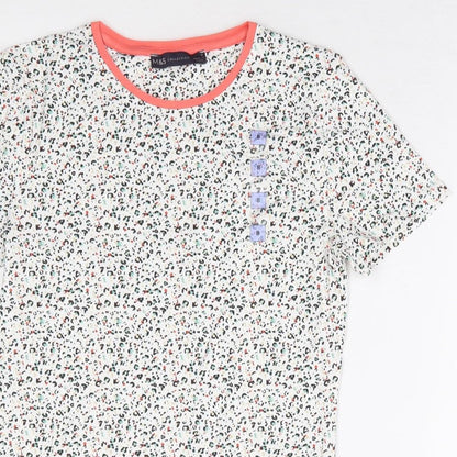 Marks and Spencer Womens White Animal Print Cotton Basic T-Shirt Size 8 Round Neck - Multicoloured Leopard Print