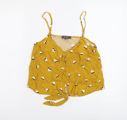 Primark Womens Yellow Geometric Viscose Cropped Button-Up Size 10 V-Neck - Hearts