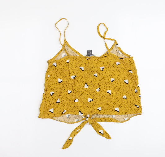 Primark Womens Yellow Geometric Viscose Cropped Button-Up Size 10 V-Neck - Hearts