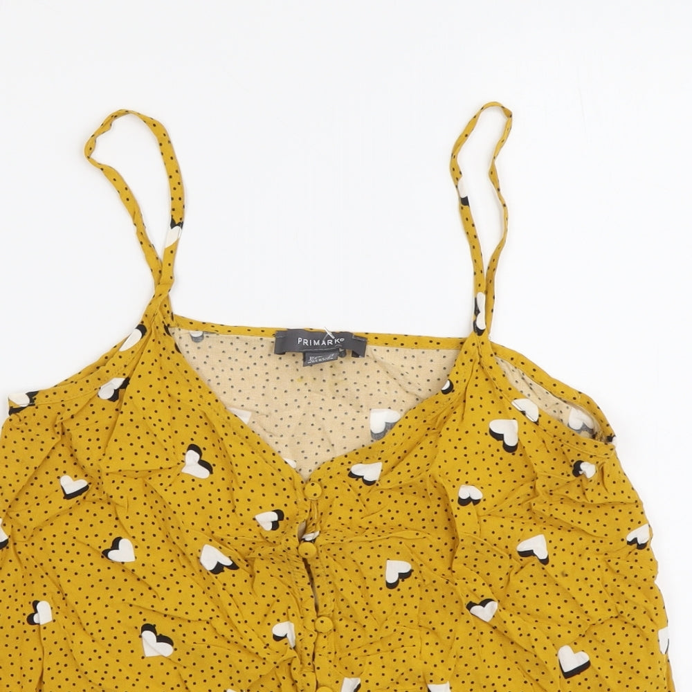 Primark Womens Yellow Geometric Viscose Cropped Button-Up Size 10 V-Neck - Hearts