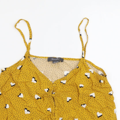 Primark Womens Yellow Geometric Viscose Cropped Button-Up Size 10 V-Neck - Hearts