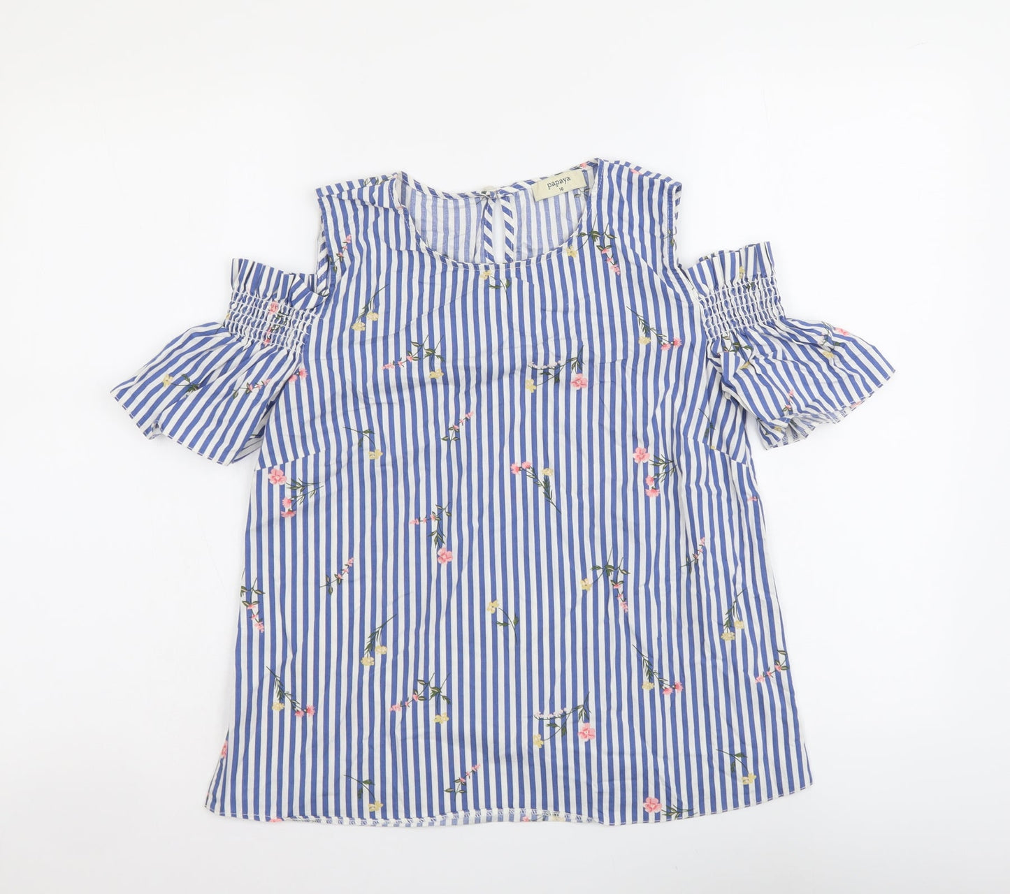 Papaya Womens Blue Striped Cotton Basic Blouse Size 10 Round Neck - Cold Shoulder Flower Detail