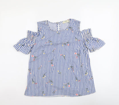 Papaya Womens Blue Striped Cotton Basic Blouse Size 10 Round Neck - Cold Shoulder Flower Detail
