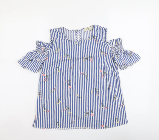 Papaya Womens Blue Striped Cotton Basic Blouse Size 10 Round Neck - Cold Shoulder Flower Detail